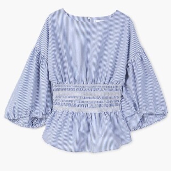 MANGO Blue Puff Sleeve Top M | Lightweight Cotton Pinstripe - Picture 1 of 10